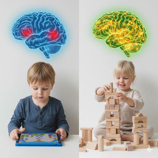 Side by side comparison of child playing with simple wooden blocks versus electronic flashing toy with brain activity overlay