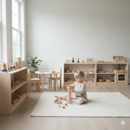 Organized Montessori playroom with wooden toys on low shelves and child playing independently on floor mat