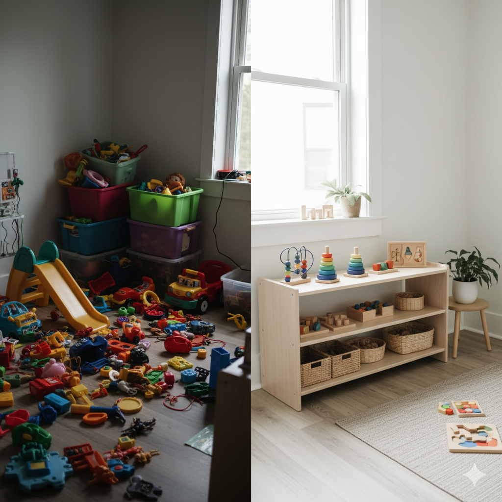 Before and after comparison of cluttered playroom transformed into organized space with few toys on shelves